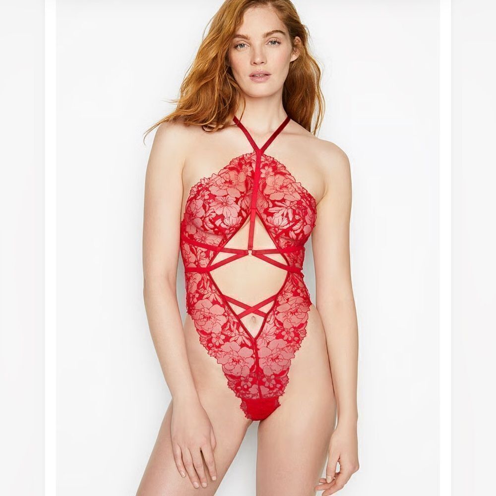 Victoria's Secret Strappy Lace Teddy Bodysuit Sexy Red Size S